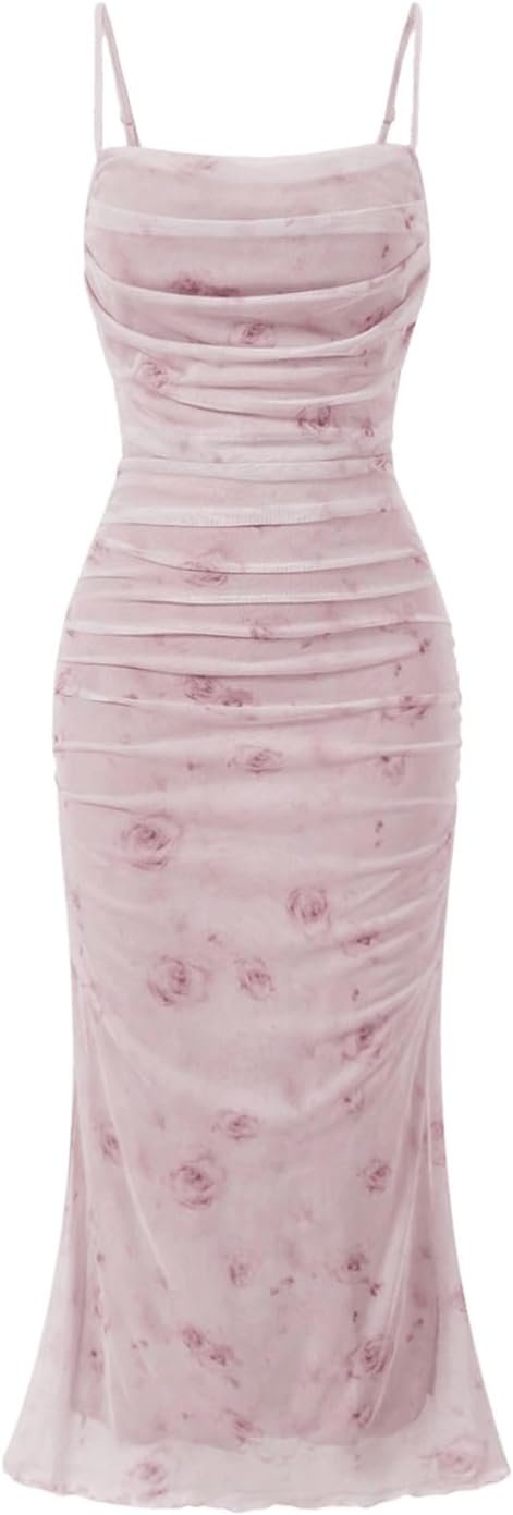 Saonta  Women's Floral Ruched Bodycon Midi Dress Mesh Sleeveless Fishtail Cami Dresses