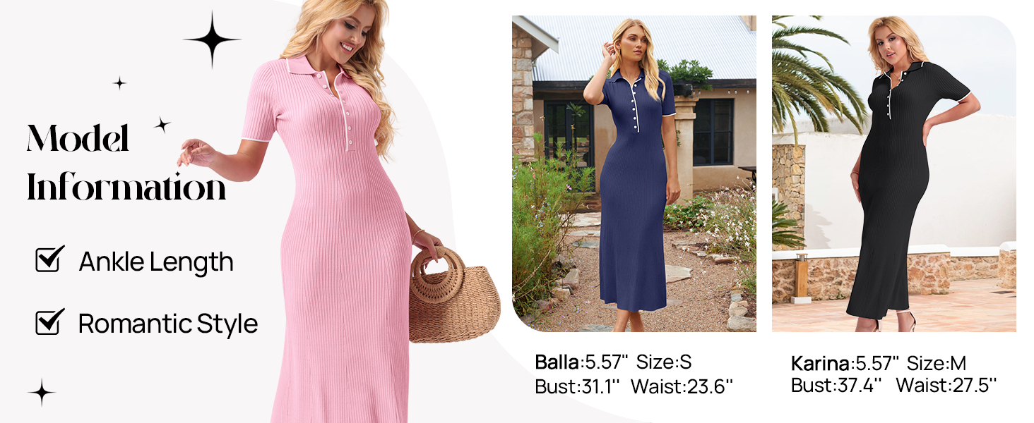 Women's V Neck Ribbed Knit Maxi Dress Button Short Sleeve Slim Fit Bodycon Sweater Dress