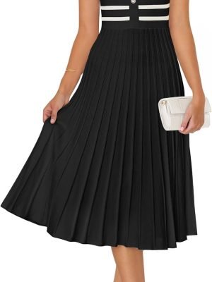 Saonta Women's Casual Striped Midi Dress Crewneck Short Sleeve Button Ribbed Knit Swing Pleated A Line Dresses