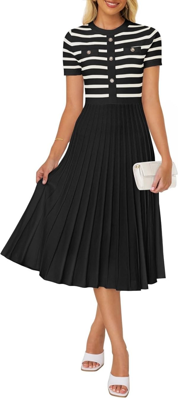 Saonta Women's Casual Striped Midi Dress Crewneck Short Sleeve Button Ribbed Knit Swing Pleated A Line Dresses
