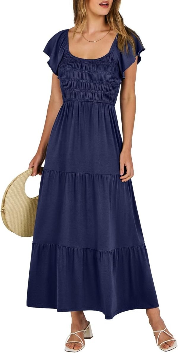 Saonta  Women's 2024 Summer Casual Maxi Dress Flutter Sleeve Scoop Neck Smocked Tiered A Line Flowy Beach Long Sun Dresses