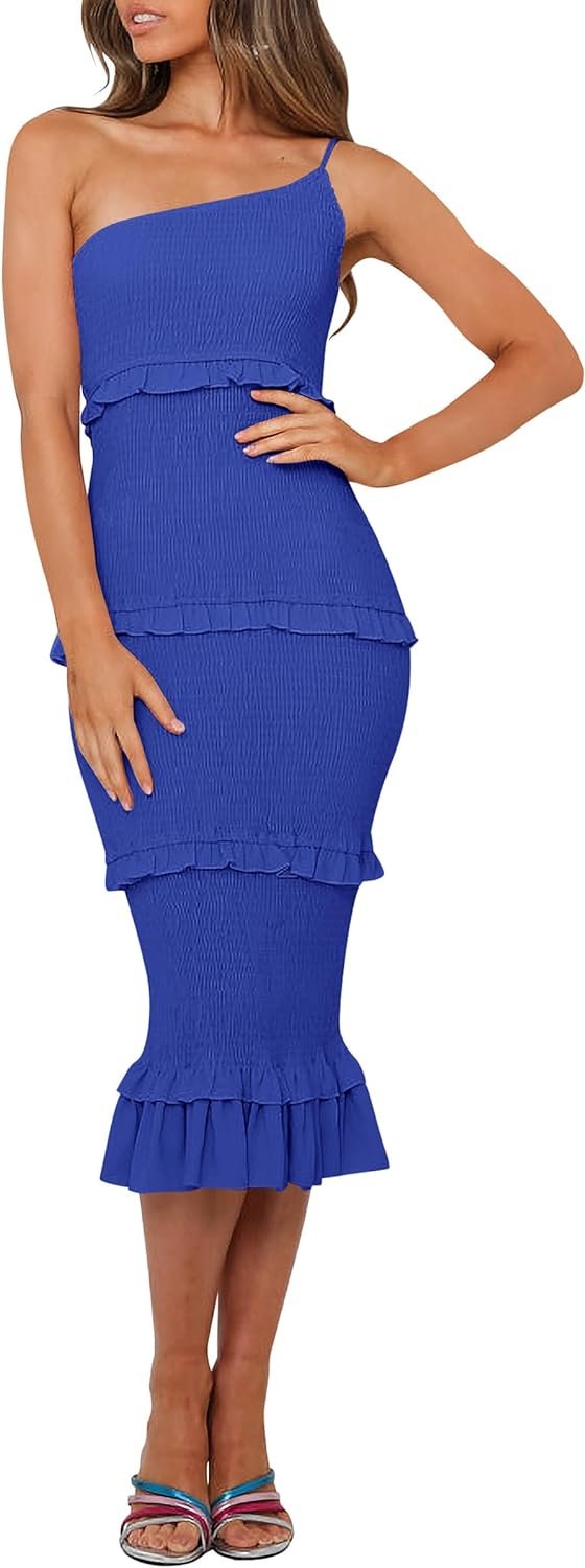 Saonta  Womens Floral Summer One Shoulder Strappy Tiered Ruffle Midi Bodycon Dresses