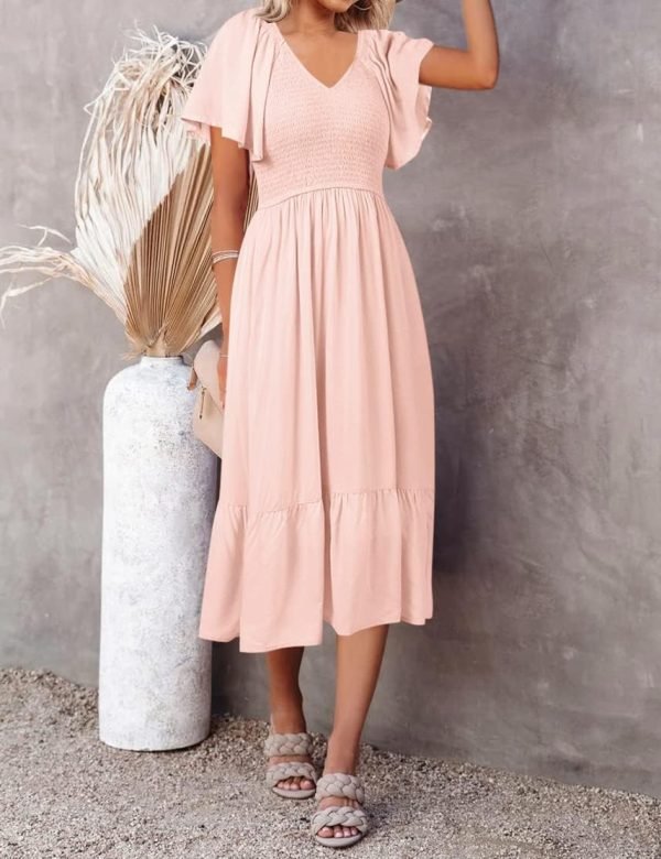 Saonta  Women's Summer Casual V Neck Ruffle Sleeve Smocked High Waist Midi Dress with Pockets