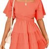 Shy Velvet Women's Summer Dress Square Neck Short Sleeves Crossover Waist Casual Party Mini Dress