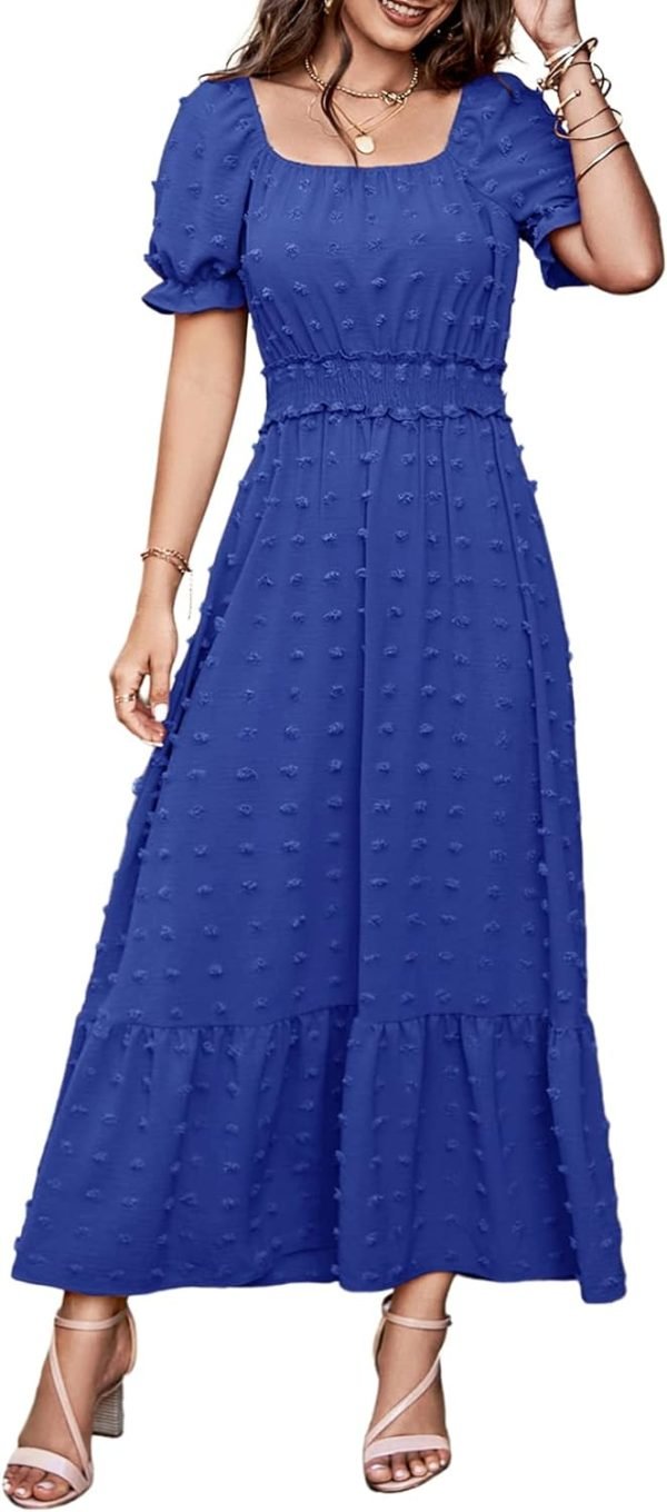 Saonta  Womens 2024 Puff Short Sleeve Square Neck Swiss Dot Smocked Waist Ruffle Hem Tiered Long Dress