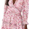 Saonta  Womens 2024 Spring Summer Deep V Neck Ruffle Floral Flowy Mini Dress