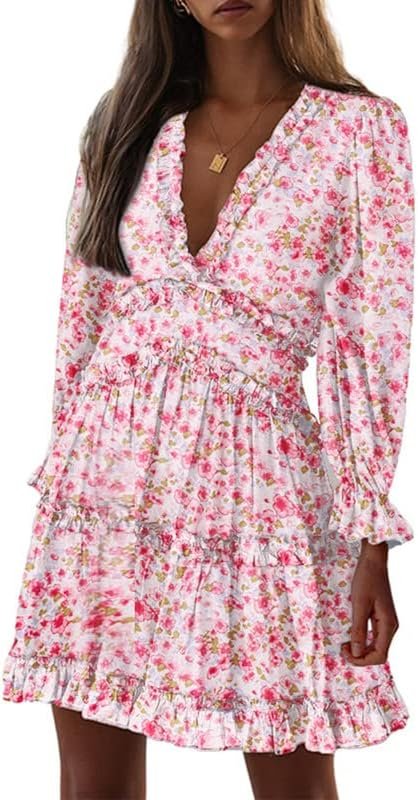 Saonta  Womens 2024 Spring Summer Deep V Neck Ruffle Floral Flowy Mini Dress