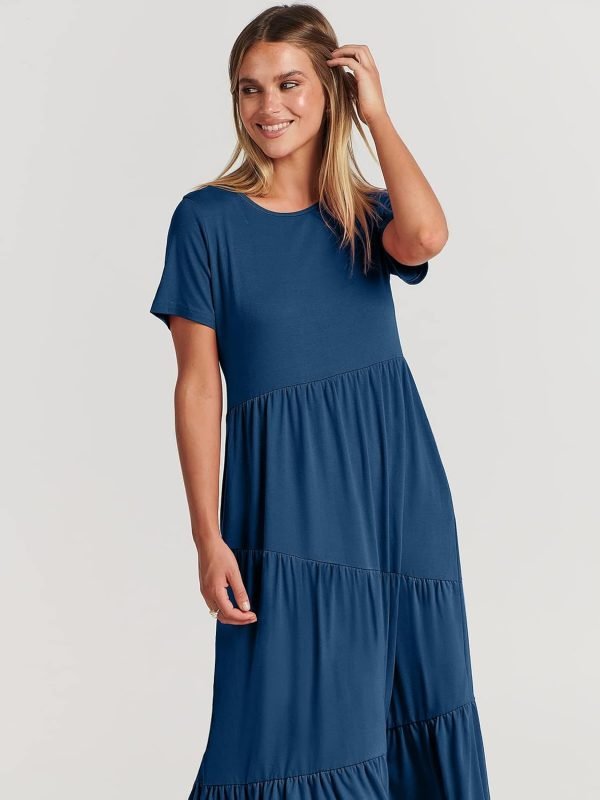 Saonta  Women Summer Maxi Dress Short Sleeve Swing Casual Asymmetric Tiered Vacation Long Beach Sundress Outfits