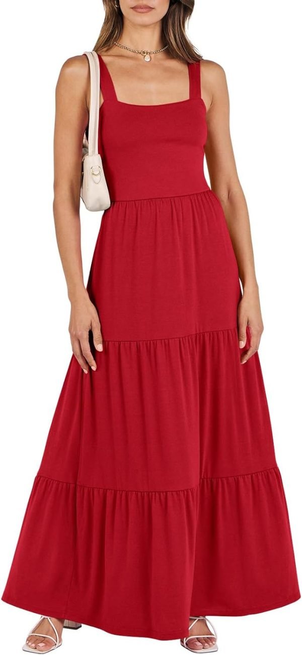 Saonta  Women's Summer Casual Long Maxi Beach Vacation Dresses Sleeveless Square Neck Flowy Tiered Sun Dress with Pockets
