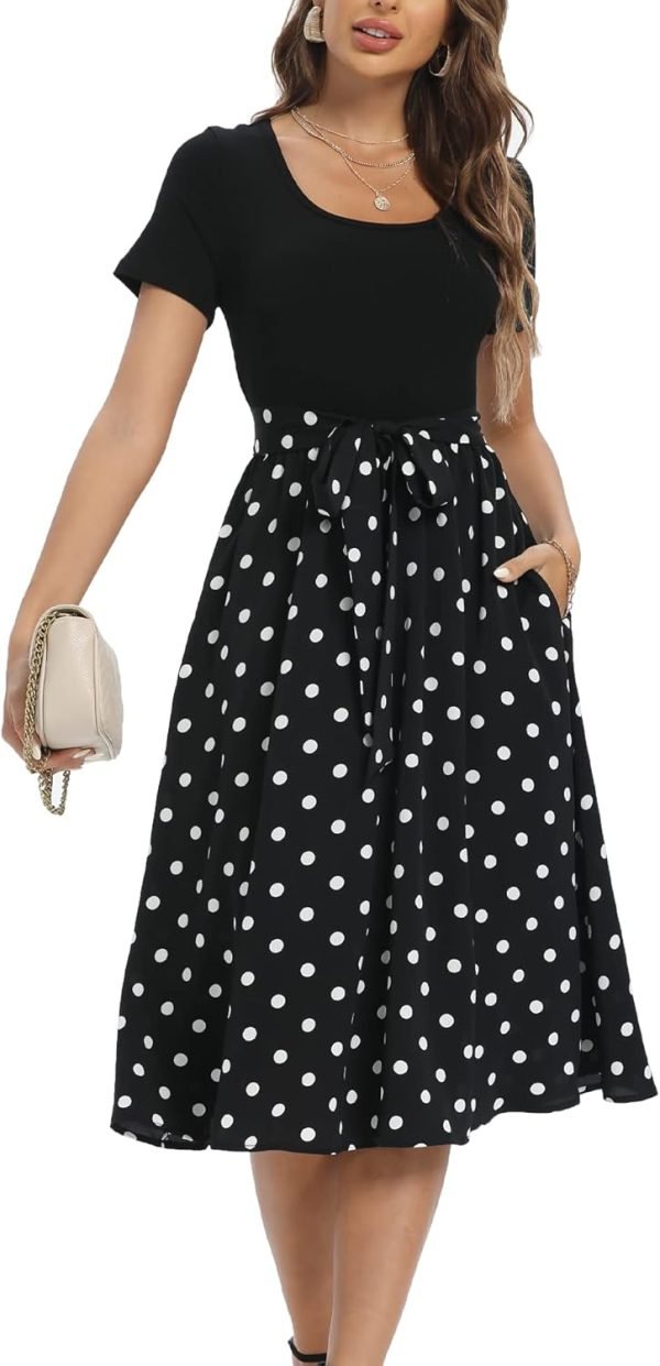 Saonta  Summer Dresses for Women 2024 Short Sleeve Elastic Waist Casual Dresses Ribbed Floral Work Midi Dress with Pockets