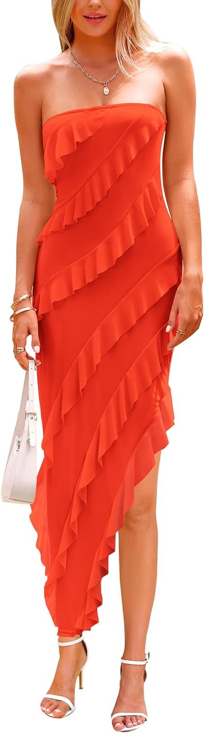 Saonta Womens Strapless Tube Asymmetrical Ruffle Maxi Bodycon Dress