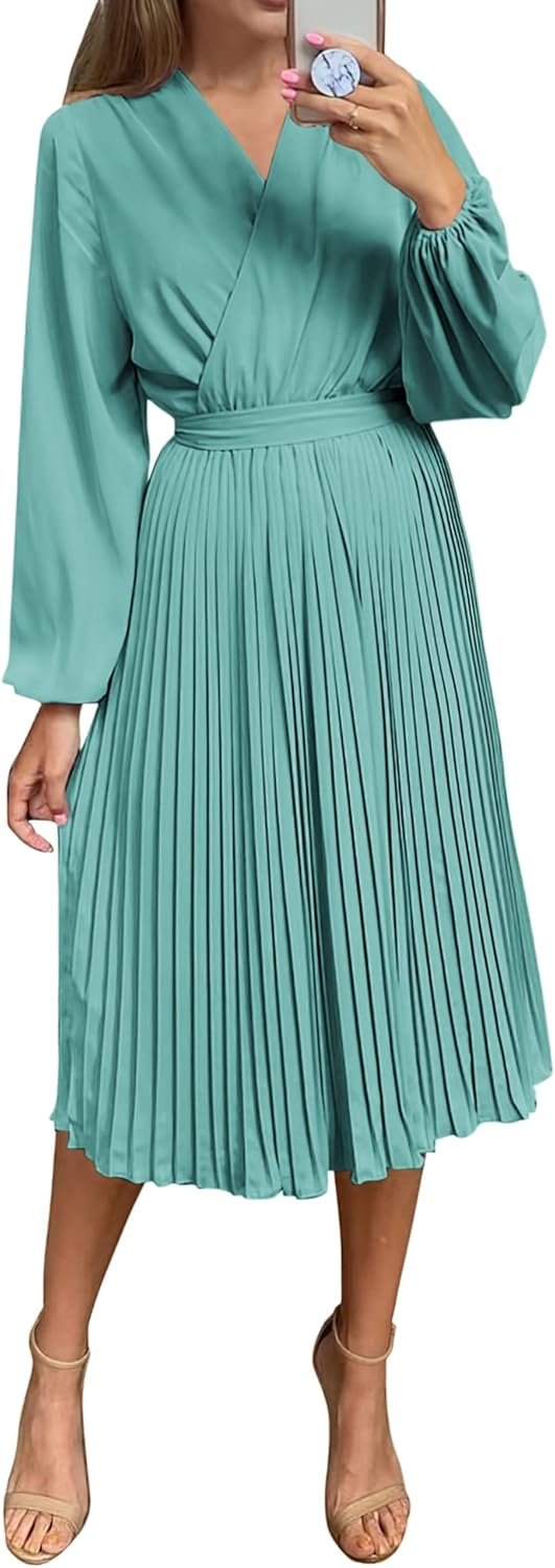 Saonta  Womens V Neck Flowy Ruffle Pleated Casual Fall Dress