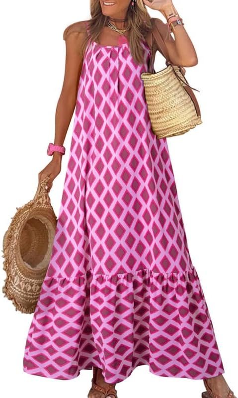 Saonta  Women Summer Dresses 2024 Spaghetti Strap Scoop Neck Smocked Ruffle Flowy Boho Maxi Dress