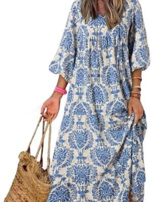 Saonta  Women Boho Maxi Dresses 2024 V Neck Long Puff Sleeve Smocked Ruffle Flowy Casual Dress