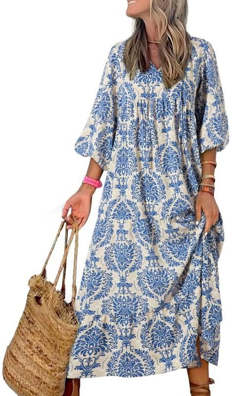 Saonta  Women Boho Maxi Dresses 2024 V Neck Long Puff Sleeve Smocked Ruffle Flowy Casual Dress