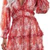 Saonta  Womens 2024 Spring Summer Deep V Neck Ruffle Floral Flowy Mini Dress