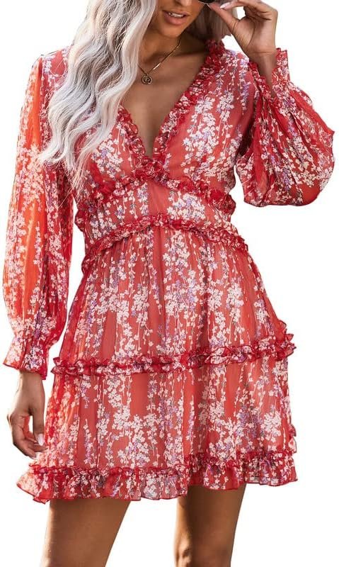 Saonta  Womens 2024 Spring Summer Deep V Neck Ruffle Floral Flowy Mini Dress