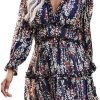 Saonta  Womens 2024 Spring Summer Deep V Neck Ruffle Floral Flowy Mini Dress