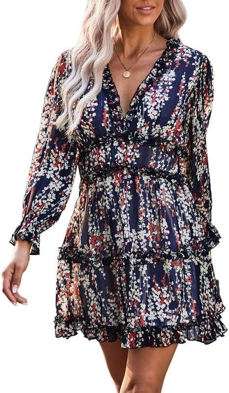 Saonta  Womens 2024 Spring Summer Deep V Neck Ruffle Floral Flowy Mini Dress