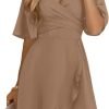 Saonta  Women's Wrap V Neck Short Flared Sleeve Wedding Guest Dress Smocked Elastic Waist Tiered Belted Ruffle Hem Mini Dress