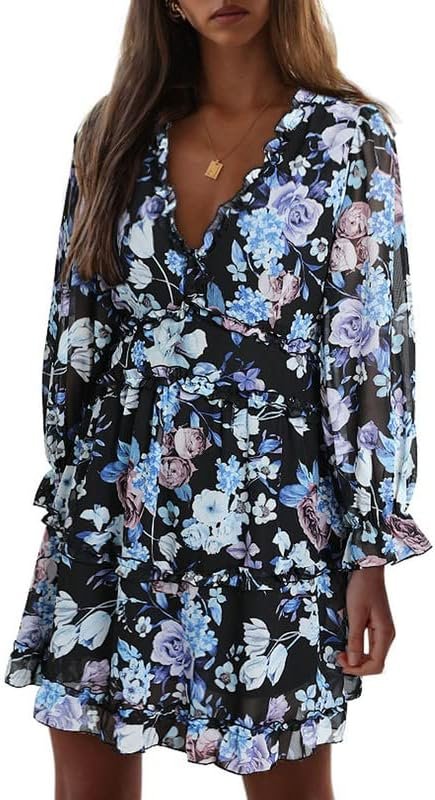 Saonta  Womens 2024 Spring Summer Deep V Neck Ruffle Floral Flowy Mini Dress