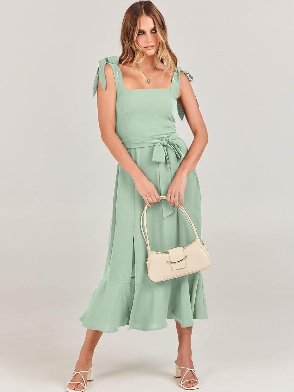 Saonta  Women's Square Neck Ruffle Split Midi Elegant Formal Wedding Guest Cocktail Bridesmaid Graduation Party Dresses 2024