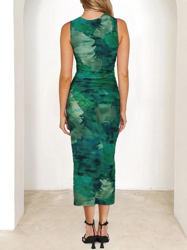 Saonta  Women's Summer Bodycon Tie Dye Dress Sleeveless Crew Neck Mesh Cocktail Party Maxi Dresses