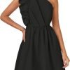 Saonta Women's Summer One Shoulder Ruffle Dress 2024 Boho Sleeveless Elastic High Waist Swing Mini Dresses