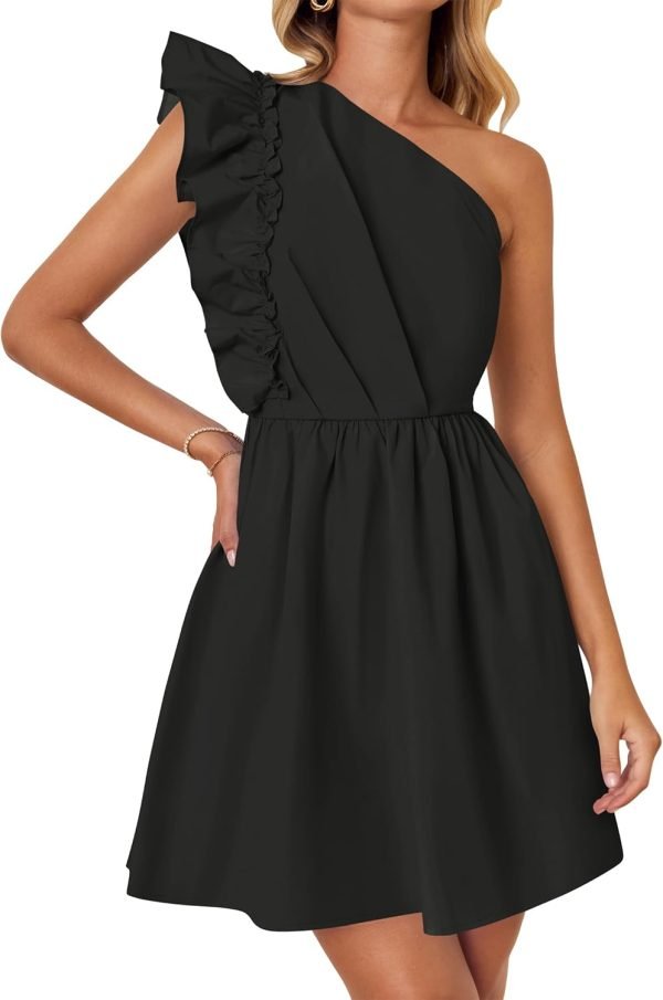 Saonta Women's Summer One Shoulder Ruffle Dress 2024 Boho Sleeveless Elastic High Waist Swing Mini Dresses