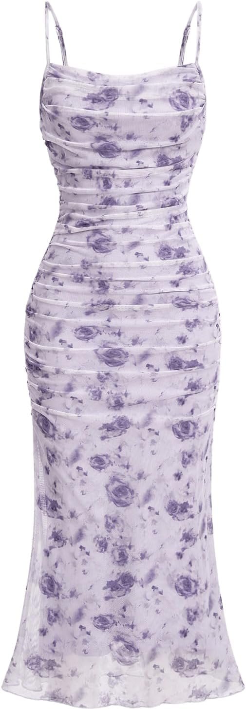 Saonta  Women's Floral Ruched Bodycon Midi Dress Mesh Sleeveless Fishtail Cami Dresses