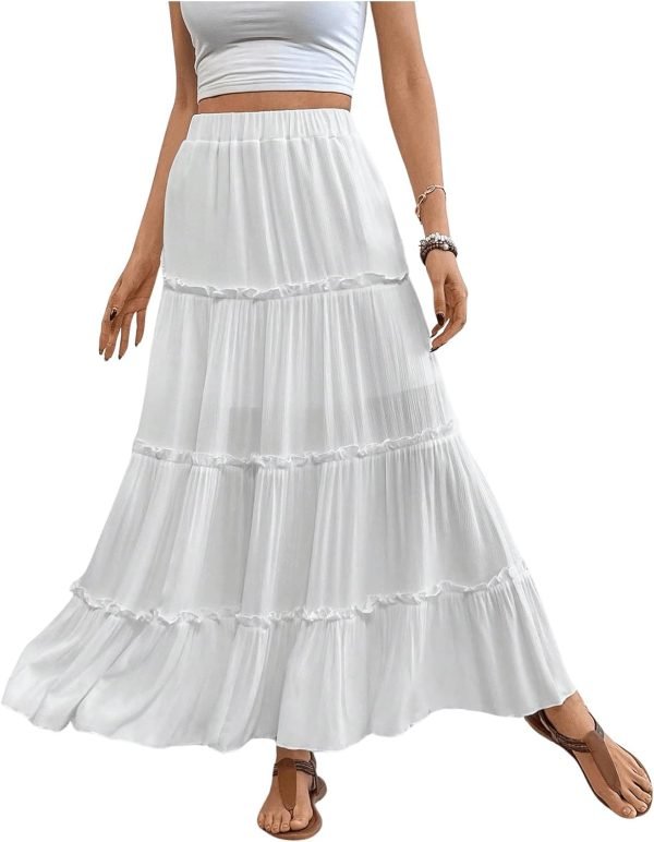 Saonta  Women's Floral Print Elastic High Waist Pleated Ruffle Flowy Long Skirts