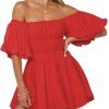 Saonta  Womens Off The Shoulder Summer Dresses 2024 Short Lantern Sleeve Ruffle Elastic Waist A-Line Casual Mini Dress