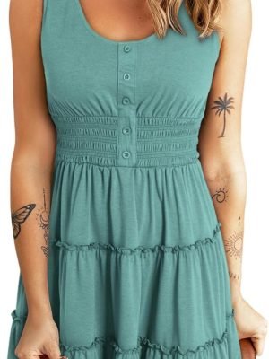 Saonta  Womens Summer Dresses 2024 Sleeveless Button Down Smocked Elastic Waist Ruffle Tiered Casual Swing Mini Dress