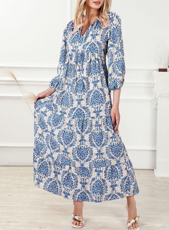 Saonta  Women Boho Maxi Dresses 2024 V Neck Long Puff Sleeve Smocked Ruffle Flowy Casual Dress