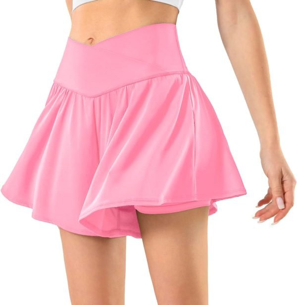Womens Tennis Skirt with Pockets Crossover High Waisted Athletic Shorts Golf Skorts Flowy Running Workout Shorts