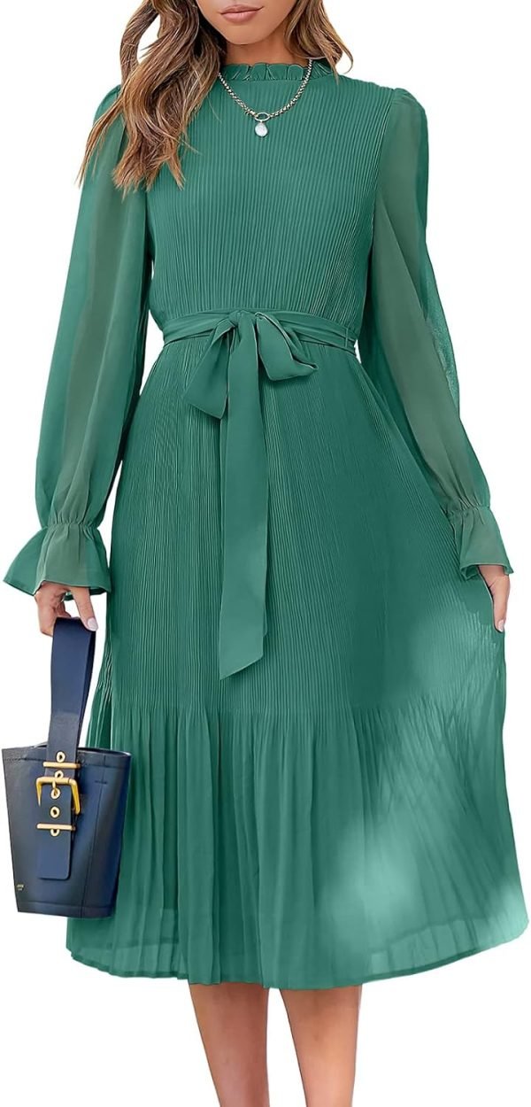 Saonta  Women's Floral Midi Dress Puff Long Sleeve Casual Ruffle Chiffon A-Line Swing Pleated Belted Tea Party Dresses