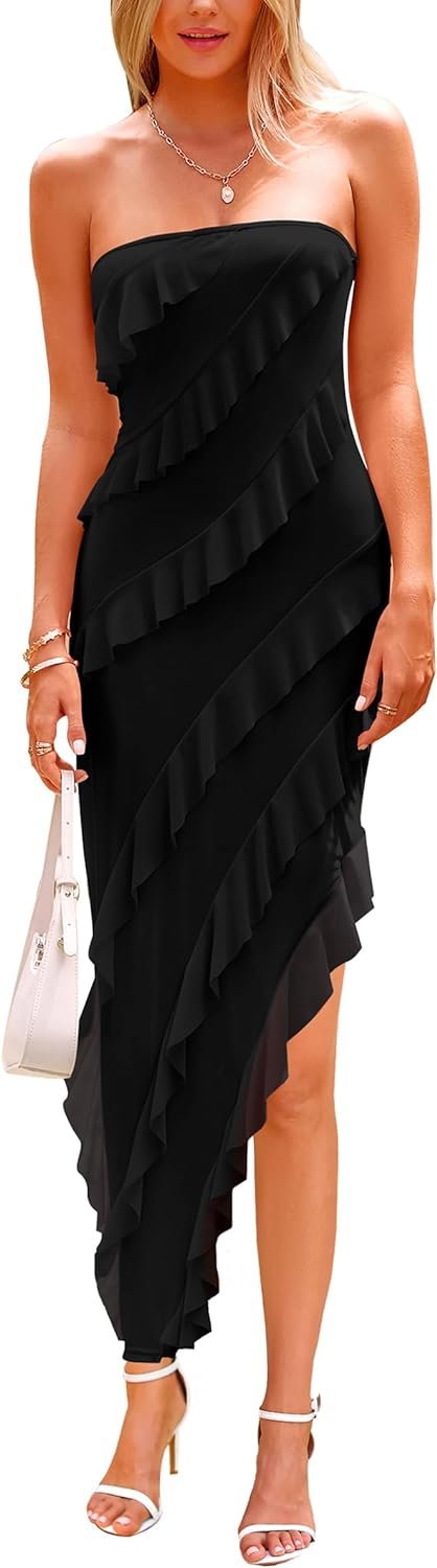 Saonta Womens Strapless Tube Asymmetrical Ruffle Maxi Bodycon Dress