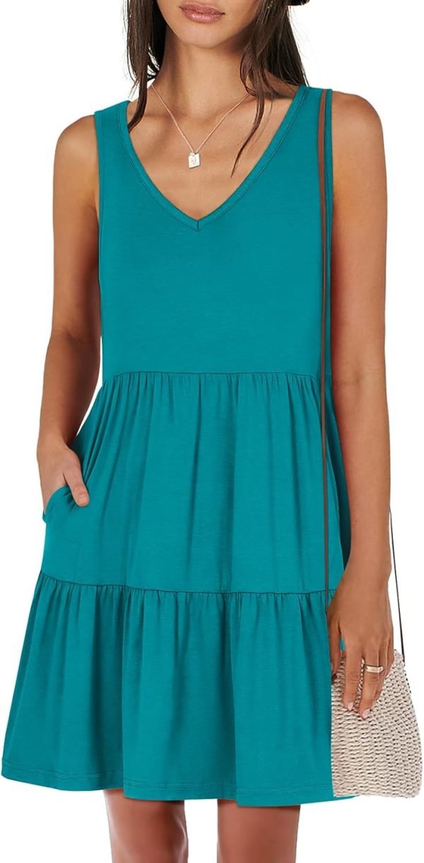 Saonta  Womens Summer Casual Tank Dress Sleeveless V Neck T Shirt Sundress Flowy Tiered Swing Mini Beach Vacation Dresses