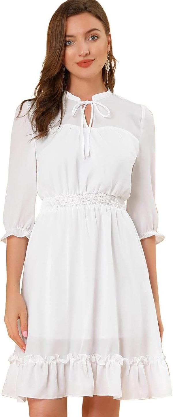 Saonta  K Women's Autumn Wedding Guest Dresses Ruffle Hem 3/4 Sleeve A-Line Smocked Short Chiffon Dress