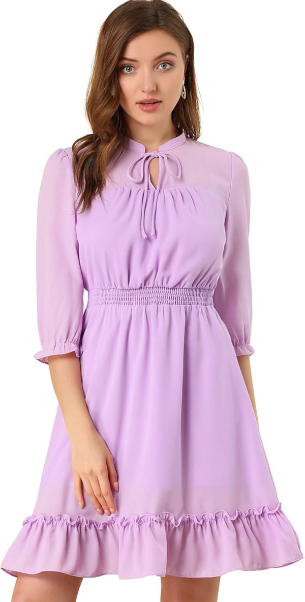 Saonta  K Women's Autumn Wedding Guest Dresses Ruffle Hem 3/4 Sleeve A-Line Smocked Short Chiffon Dress