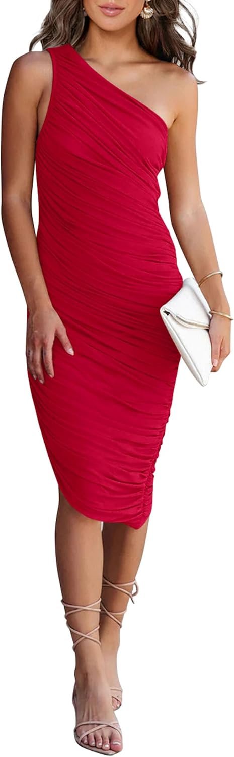 Saonta Women's Ruched Bodycon Dress 2024 Summer One Shoulder Sleeveless Party Cocktail Pencil Dresses