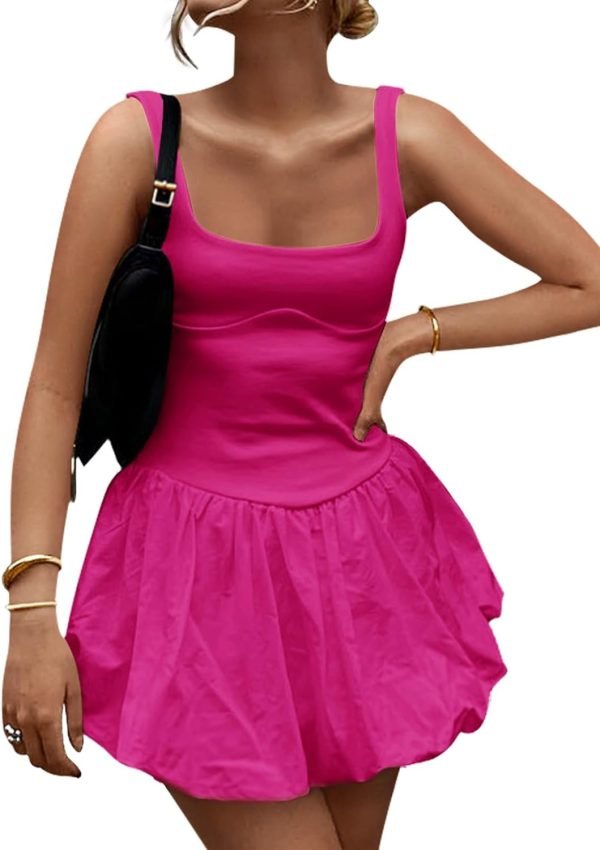 Saonta Women's 2024 Summer Mini Dress Tank Sleeveless Square Neck Solid Color Puffy Beach Short Dresses Sundress