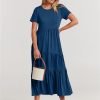 Saonta  Women Summer Maxi Dress Short Sleeve Swing Casual Asymmetric Tiered Vacation Long Beach Sundress Outfits