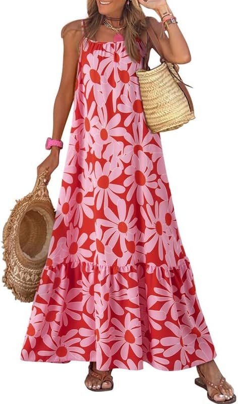 Saonta  Women Summer Dresses 2024 Spaghetti Strap Scoop Neck Smocked Ruffle Flowy Boho Maxi Dress