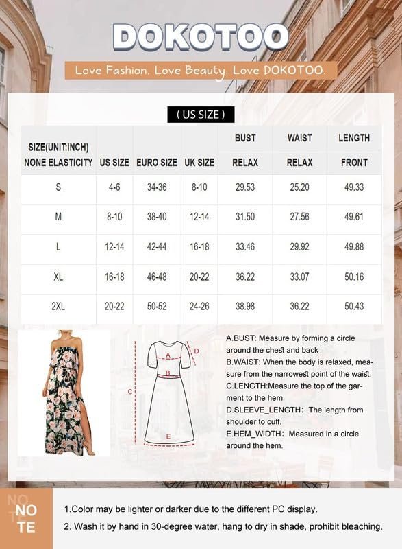 Saonta  Womens Strapless Dresses Casual Summer High Waist Side Split Flowy Boho Maxi Dress