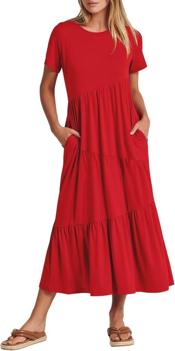 Saonta  Women Summer Maxi Dress Short Sleeve Swing Casual Asymmetric Tiered Vacation Long Beach Sundress Outfits