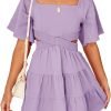 Shy Velvet Women's Summer Dress Square Neck Short Sleeves Crossover Waist Casual Party Mini Dress