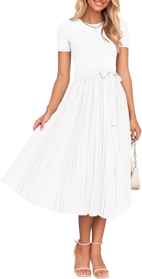 Saonta Womens Summer Short Sleeve Midi Dresses Spring Casual Crew Neck Knit Belted Pleated A Line Flowy Wedding Guest Dress