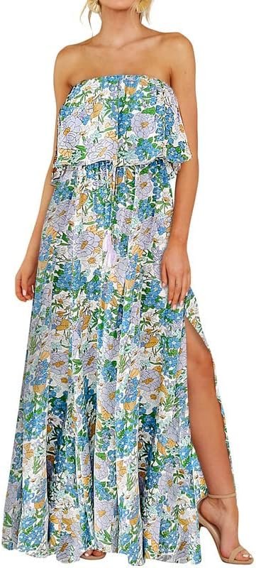 Saonta  Womens Strapless Dresses Casual Summer High Waist Side Split Flowy Boho Maxi Dress