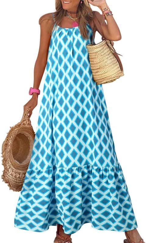 Saonta  Women Summer Dresses 2024 Spaghetti Strap Scoop Neck Smocked Ruffle Flowy Boho Maxi Dress
